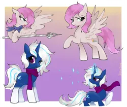 Size: 5231x4409 | Tagged: safe, artist:petaltwinkle, derpibooru import, oc, oc:snowy smarty, oc:violet dawn, unofficial characters only, pegasus, unicorn, abstract background, clothes, cutie mark, duo, duo female, female, horn, image, looking at you, magic, one eye closed, png, scarf, socks, spear, weapon, wings, wink, winking at you