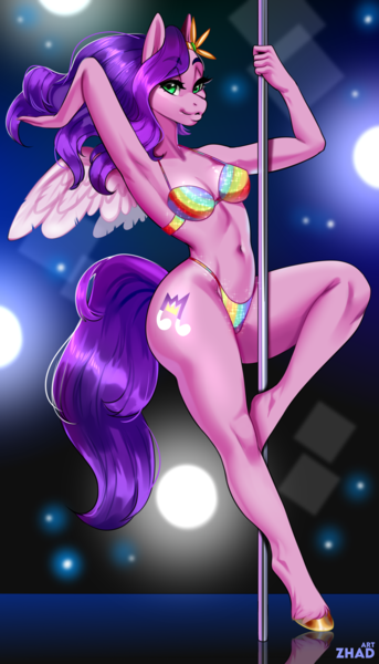 Size: 1143x2000 | Tagged: suggestive, artist:zhadart, derpibooru import, pipp petals, anthro, pegasus, pony, unguligrade anthro, g5, arm behind head, armpits, bedroom eyes, belly button, bikini, breasts, busty pipp petals, cleavage, clothes, commission, eyebrows, eyebrows visible through hair, female, image, lips, looking at you, mare, png, pole dancing, smiling, smiling at you, solo, solo female, standing, standing on one leg, stripper pole, swimsuit