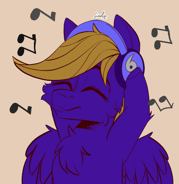 Size: 923x950 | Tagged: safe, artist:cozziesart, derpibooru import, oc, oc:wing front, pegasus, brown mane, eyes closed, image, jamming out, male, music notes, pegasus oc, playing music, png, purple coat, simple background, wings