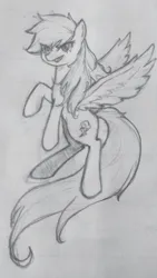 Size: 2231x3967 | Tagged: safe, artist:37240622, derpibooru import, rainbow dash, pegasus, pony, female, flying, frown, image, jpeg, lined paper, mare, pencil drawing, smiling, solo, traditional art