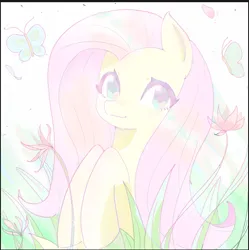 Size: 1141x1144 | Tagged: safe, artist:37240622, derpibooru import, fluttershy, butterfly, insect, pegasus, pony, cute, female, flower, grass, image, mare, png, shyabetes, smiling, solo