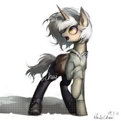 Size: 809x810 | Tagged: safe, artist:unclechai, derpibooru import, oc, oc:xin yamei, unicorn, female, horn, image, png, raised hoof, shadow, simple background, standing, turned head, white background