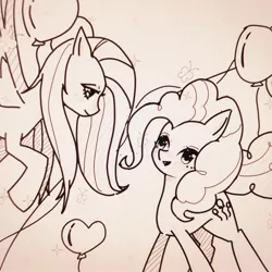 Size: 2258x2258 | Tagged: safe, artist:37240622, derpibooru import, fluttershy, pinkie pie, earth pony, pegasus, pony, balloon, duo, duo female, female, image, jpeg, photo, picture of a screen, sketch, smiling