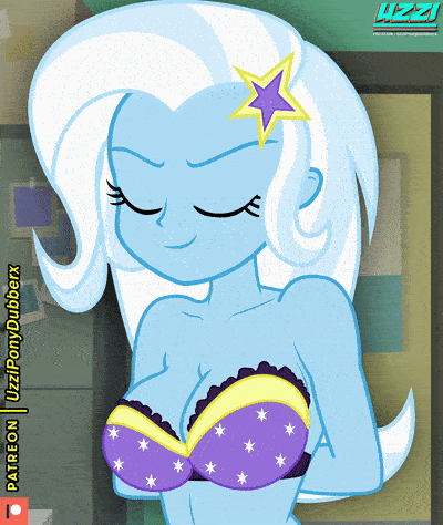 Size: 400x474 | Tagged: questionable, artist:uzzi-ponydubberx, derpibooru import, trixie, human, equestria girls, animated, blushing, bra, breasts, busty trixie, censored, censored breasts, clothes, e-cup bra, g4, gif, image, looking at you, nudity, open mouth, open smile, patreon, patreon censored, patreon logo, smiling, underwear