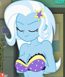 Size: 400x474 | Tagged: suggestive, artist:uzzi-ponydubberx, derpibooru import, trixie, human, equestria girls, animated, blushing, bra, breasts, busty trixie, censored, censored breasts, clothes, g4, gif, image, looking at you, nudity, open mouth, open smile, patreon, patreon censored, patreon logo, smiling, underwear