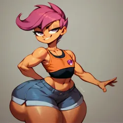 Size: 3980x3980 | Tagged: suggestive, ai content, derpibooru import, machine learning generated, scootaloo, human, breasts, butt, clothes, daisy dukes, delicious flat chest, female, huge butt, image, jpeg, large butt, midriff, muscles, muscular female, older, sassy, short, shorts, shortstack, smug, socks, solo, strongaloo, thigh highs, thighs, thunder thighs, wide hips