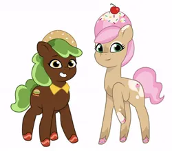 Size: 640x564 | Tagged: safe, artist:jazzhooves, derpibooru import, oc, ponified, unnamed oc, unofficial characters only, earth pony, food pony, original species, pony, g5, my little pony: tell your tale, burger, burger pony, cherry, coat markings, collar, colored hooves, duo, duo female, earth pony oc, eyeshadow, female, food, freckles, headband, ice cream, ice cream mane, ice cream pony, image, jpeg, makeup, simple background, smiling, sprinkles, white background