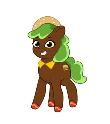 Size: 640x725 | Tagged: safe, artist:jazzhooves, derpibooru import, oc, unnamed oc, unofficial characters only, earth pony, pony, g5, my little pony: tell your tale, burger, burger pony, collar, colored hooves, earth pony oc, female, food, freckles, headband, image, jpeg, simple background, smiling, solo, white background