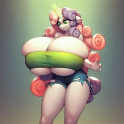 Size: 3954x3954 | Tagged: suggestive, ai content, derpibooru import, machine learning generated, sweetie belle, anthro, big breasts, breast expansion, breasts, clothes, denim, female, growth, huge breasts, image, jeans, jpeg, magic, magic aura, older, pants, ripped pants, thighs, thunder thighs, torn clothes, tube top