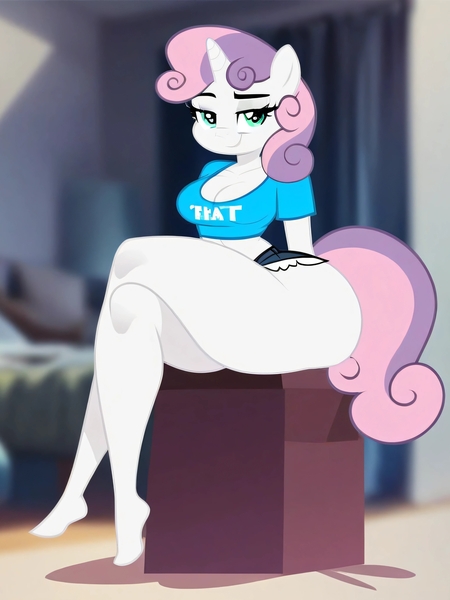 Size: 3072x4096 | Tagged: suggestive, ai content, derpibooru import, machine learning generated, sweetie belle, anthro, unicorn, big breasts, breasts, butt, clothes, female, huge butt, image, jpeg, large butt, long legs, shoes, shorts, sitting, skindentation