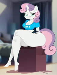 Size: 3072x4096 | Tagged: suggestive, ai content, derpibooru import, machine learning generated, sweetie belle, big breasts, breasts, butt, clothes, female, huge butt, image, jpeg, large butt, long legs, shoes, shorts, sitting, skindentation