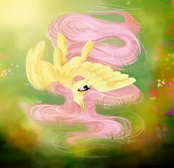 Size: 2048x1980 | Tagged: safe, artist:karzii, derpibooru import, fluttershy, pegasus, pony, abstract background, cute, falling, female, g4, image, jpeg, long hair, shyabetes, smiling, solo, upside down, wings