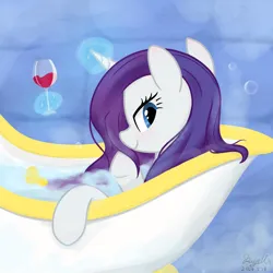 Size: 2048x2048 | Tagged: safe, artist:rayelli, derpibooru import, rarity, pony, unicorn, alcohol, bathtub, blushing, cute, female, g4, horn, image, looking at you, magic, mare, png, show accurate, solo, telekinesis, water, wine