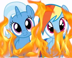 Size: 720x574 | Tagged: safe, artist:byteslice edits, artist:dashiesparkle edit, derpibooru import, edit, editor:zcord, rainbow dash, trixie, pony, unicorn, cute, dashabetes, diatrixes, duo, female, fire, g4, horn, image, jpeg, looking at you, mare, simple background, smiling, vector, white background