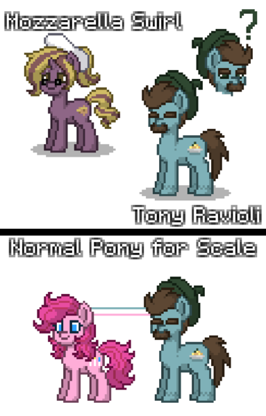 Size: 660x1033 | Tagged: safe, derpibooru import, edit, pinkie pie, oc, oc:mozzarella swirl, oc:tony ravioli, earth pony, pony, unicorn, pony town, beret, chef's hat, facial hair, female, glasses, hat, horn, image, male, mare, moustache, png, question mark, simple background, stallion, transparent background