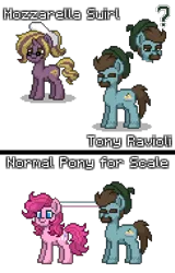 Size: 660x1033 | Tagged: safe, derpibooru import, edit, pinkie pie, oc, oc:mozzarella swirl, oc:tony ravioli, earth pony, pony, unicorn, pony town, beret, chef's hat, facial hair, female, glasses, hat, horn, image, male, mare, moustache, png, question mark, simple background, stallion, transparent background