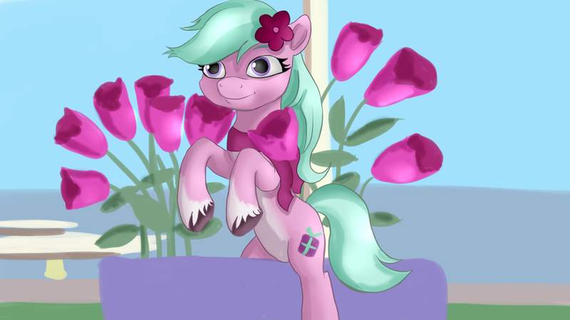 Size: 1920x1080 | Tagged: safe, artist:jbond, derpibooru import, earth pony, pony, g5, coat markings, colored hooves, dahlia, female, flower, flower in hair, image, mare, maretime bay, outdoors, pale belly, png, socks (coat marking), solo, unshorn fetlocks