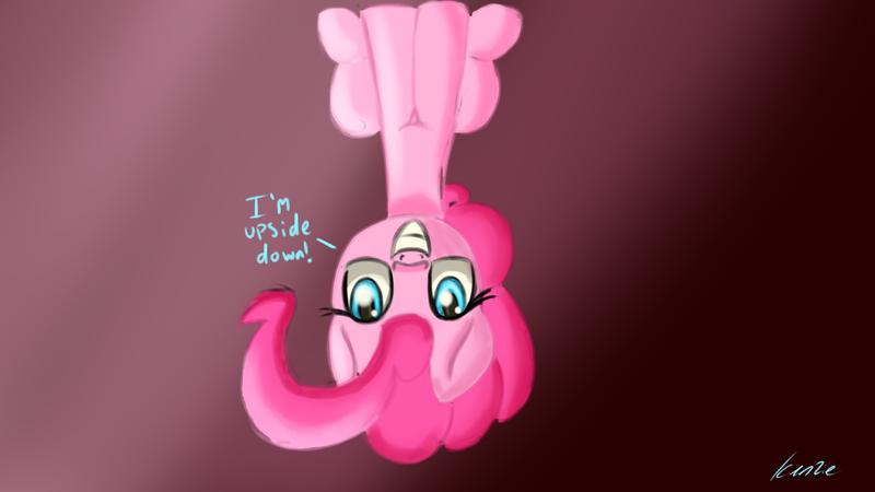 Size: 1920x1080 | Tagged: safe, artist:kenzie, derpibooru import, pinkie pie, pony, g4, gradient background, happy, image, looking at you, paint tool sai, pinkie being pinkie, png, signature, simple shading, sitting, smiling, smiling at you, speech, talking, text, upside down