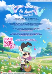 Size: 1249x1754 | Tagged: safe, artist:amaichix, derpibooru import, princess celestia, alicorn, pony, comic:some-bunny to love, advertisement, animal costume, basket, blushing, bow, bunny costume, bunny ears, bunny suit, bunnylestia, chibi, clothes, comic, costume, easter, easter egg, eyeshadow, female, fishnet clothing, fishnets, g4, heart, heart eyes, holiday, image, information, looking at you, looking back, looking back at you, makeup, mare, png, socks, solo, solo female, standing, stockings, thigh highs, wingding eyes, wings