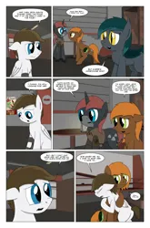 Size: 2024x3074 | Tagged: safe, artist:bruinsbrony216, derpibooru import, oc, oc:iron sights, unofficial characters only, bat pony, earth pony, pegasus, pony, unicorn, comic:fallout equestria: grounded, fallout equestria, butt, comic, horn, hug, image, plot, png