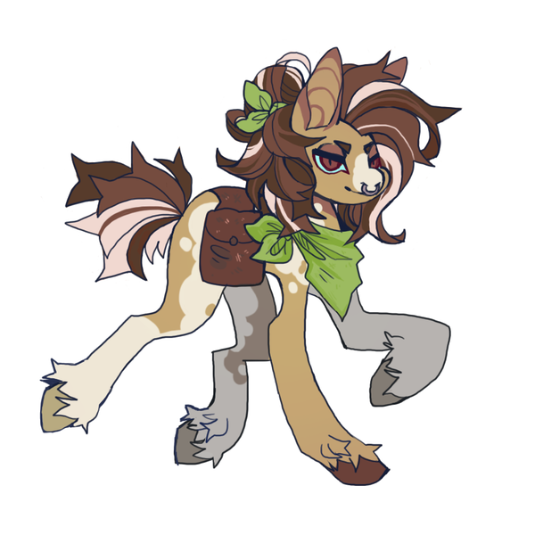 Size: 850x850 | Tagged: oc name needed, safe, artist:cutesykill, derpibooru import, oc, unofficial characters only, earth pony, pony, bag, bandana, big ears, brown coat, brown eyes, brown hooves, brown mane, brown tail, coat markings, colored eartips, colored hooves, colored muzzle, colored sclera, commission, earth pony oc, eyeshadow, facial markings, green sclera, image, lidded eyes, long legs, makeup, multicolored mane, multicolored tail, narrowed eyes, neckerchief, no catchlights, nose piercing, piercing, pinto, png, ponytail, raised hoof, raised leg, saddle bag, septum piercing, short tail, simple background, slit pupils, smiling, snip (coat marking), spiky mane, spiky tail, tail, tied mane, two toned coat, unshorn fetlocks, white background