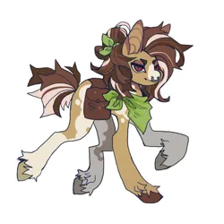 Size: 850x850 | Tagged: oc name needed, safe, artist:cutesykill, derpibooru import, oc, unofficial characters only, earth pony, pony, bag, bandana, big ears, brown coat, brown eyes, brown hooves, brown mane, brown tail, coat markings, colored eartips, colored hooves, colored muzzle, colored sclera, commission, earth pony oc, eyeshadow, facial markings, green sclera, image, lidded eyes, long legs, makeup, multicolored mane, multicolored tail, narrowed eyes, neckerchief, no catchlights, nose piercing, piercing, pinto, png, ponytail, raised hoof, raised leg, saddle bag, septum piercing, short tail, simple background, slit pupils, smiling, snip (coat marking), spiky mane, spiky tail, tail, tied mane, two toned coat, unshorn fetlocks, white background