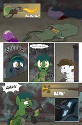 Size: 2024x3074 | Tagged: grimdark, artist:bruinsbrony216, derpibooru import, oc, oc:lily, unofficial characters only, bat pony, earth pony, pegasus, pony, comic:fallout equestria: grounded, fallout equestria, bandage, bandaged leg, blood, broken bone, comic, gun, image, png, weapon