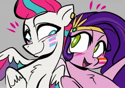 Size: 1754x1240 | Tagged: safe, artist:jully-park, derpibooru import, pipp petals, zipp storm, pegasus, pony, g5, duo, duo female, family, female, gray background, image, jpeg, lesbian pride flag, looking at each other, looking at someone, male, pride, pride flag, siblings, simple background, sisters, smiling, trans male, transgender, transgender pride flag