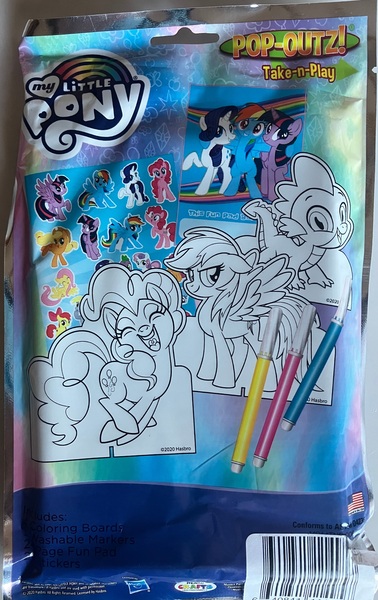 Size: 2480x3940 | Tagged: safe, derpibooru import, applejack, fluttershy, pinkie pie, rainbow dash, rarity, spike, twilight sparkle, bag, barcode, cardboard cutout, colored, g4, image, irl, jpeg, mane six, marker, marker drawing, merchandise, monochrome, my little pony logo, package, photo, sticker pack, traditional art