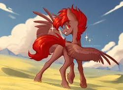 Size: 3400x2500 | Tagged: safe, artist:avroras_world, derpibooru import, oc, oc:hardy, alicorn, pony, butt, cloud, full body, grass, high res, hoof heart, image, looking at you, male, nature, plot, png, rear view, sky, smiling, smiling at you, solo, sparkles, spread wings, stallion, underhoof, wings