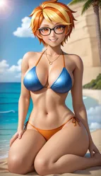 Size: 1536x2688 | Tagged: suggestive, ai content, derpibooru import, editor:sammykun, machine learning generated, oc, oc:serenity, human, adult, adult female, beach, belly button, big breasts, bikini, bikini bottom, bikini top, body odor, body slim, bra, breasts, busty oc, cleavage, clothes, enjoying, female, female body odor, glasses, heat, hot, humanized, image, inviting, jewelry, jpeg, light skin, lips, looking at you, midriff, mommy, necklace, ocean, palm tree, prompter:sammykun, ring, sand, sexy, short hair, sitting, sky, slender, slim, smiling, smiling at you, solo, solo female, sunbathing, swimsuit, teeth, thin, tree, two toned hair, two toned hair (orange and yellow), underwear, vacation, water, wedding ring, whited teeth, wide hips, woman, young