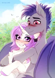 Size: 1920x2715 | Tagged: safe, artist:fenwaru, derpibooru import, oc, oc:dainty dove, oc:thunder run, bat pony, pony, unicorn, bat pony oc, bat wings, blushing, chest fluff, ear piercing, earring, eyeshadow, female, hair bun, happy, horn, image, jewelry, makeup, male, mare, piercing, png, scar, shipping, stallion, straight, unicorn oc, wings