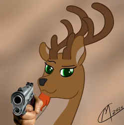 Size: 2177x2187 | Tagged: safe, artist:maître cervidé, derpibooru import, deer, gun, image, male, meme, png, signature, solo, weapon