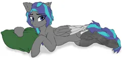 Size: 3952x1895 | Tagged: suggestive, artist:littlepony115, derpibooru import, oc, oc:solar eclipse, unofficial characters only, pegasus, pony, undead, vampire, chest fluff, female, fishnet clothing, hooves, hug, image, lying down, mare, pillow, pillow hug, png, side, simple background, smiling, solo, solo female, tail, white background