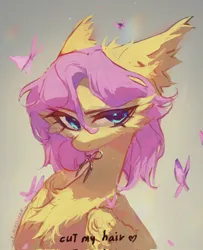 Size: 1660x2048 | Tagged: safe, artist:blcksswn, derpibooru import, fluttershy, butterfly, insect, pegasus, pony, abstract background, alternate hairstyle, big ears, big eyes, blue eyes, cheek fluff, chest fluff, colored, ear fluff, eyebrows, eyebrows visible through hair, female, folded wings, g4, head fluff, image, jpeg, large wings, lidded eyes, long neck, looking back, mare, mouth hold, narrowed eyes, pink mane, scissors, shiny eyes, short hair fluttershy, signature, solo, thick eyelashes, wing fluff, wingding eyes, wings, yellow coat
