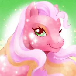 Size: 1779x1779 | Tagged: safe, artist:sparkytopia, derpibooru import, earth pony, pony, g3, bust, closed mouth, digital art, digital painting, divine shine, female, glitter, image, looking at you, mare, png, portrait, secret wish, signature, smiling, solo, sparkles