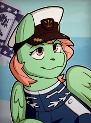 Size: 1040x1400 | Tagged: safe, artist:bunnyshrubby, derpibooru import, oc, oc:aurora gale, unofficial characters only, pegasus, pony, equestria at war mod, bust, cap, clothes, flag, hat, image, mare in the moon, moon, ocean, png, portrait, solo, stars, water