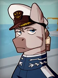 Size: 1040x1400 | Tagged: safe, artist:bunnyshrubby, derpibooru import, oc, oc:lakana pandeha, unofficial characters only, zebra, equestria at war mod, bust, cap, clothes, crane, hat, image, ocean, png, portrait, solo, water