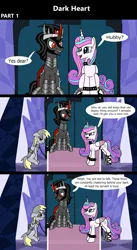 Size: 1920x3516 | Tagged: safe, artist:platinumdrop, derpibooru import, derpy hooves, king sombra, princess flurry heart, alicorn, pegasus, pony, unicorn, comic:dark heart, 3 panel comic, abuse, alternate timeline, armor, avoiding eye contact, bound wings, bracelet, chains, collar, comic, commission, crystal, crystal castle, crystal empire, dark crystal, derpybuse, dialogue, disdain, evil flurry heart, eyebrows, female, flurry heart is amused, folded wings, g4, horn, husband and wife, image, indoors, looking at each other, looking at someone, looking away, looking down, male, mare, older, older derpy hooves, older flurry heart, png, raised eyebrow, sad, ship:flurrybra, shipping, slave, slave collar, smiling, smug, smug smile, speech bubble, spiked collar, spiked wristband, stallion, straight, throne, throne room, victorious villain, wall of tags, wing cuffs, wings, wristband
