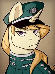 Size: 1040x1400 | Tagged: safe, artist:bunnyshrubby, derpibooru import, oc, oc:dead air, unofficial characters only, pony, unicorn, equestria at war mod, bust, cap, clothes, hat, horn, image, png, portrait, solo