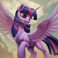 Size: 2048x2048 | Tagged: safe, ai content, derpibooru import, machine learning generated, prompter:krivovyaz, stable diffusion, twilight sparkle, twilight sparkle (alicorn), alicorn, pony, cloud, g4, generator:pony diffusion v6 xl, generator:purplesmart.ai, image, png, sky background, smiling, smug, spread wings, wings