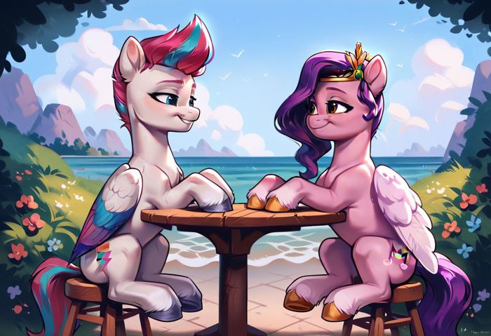Size: 700x479 | Tagged: safe, ai content, anonymous prompter, derpibooru import, machine learning generated, stable diffusion, pipp petals, zipp storm, pegasus, g5, cloud, date, duo, duo female, female, flower, generator:pony diffusion v6 xl, hooves on the table, image, incest, jpeg, lesbian, lidded eyes, looking at each other, looking at someone, mountain, outdoors, romantic, royal sisters (g5), ship:petalstorm, shipping, siblings, sisters, sitting, smiling, smiling at each other, stool, table, unshorn fetlocks, water, wings