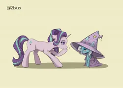 Size: 2052x1465 | Tagged: safe, artist:zblue, derpibooru import, starlight glimmer, trixie, pony, unicorn, annoyed, clothes, duo, duo female, female, giggling, hat, horn, image, jpeg, mare, oversized clothes, oversized hat, simple background, size difference, yellow background