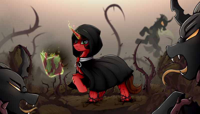 Size: 3760x2150 | Tagged: safe, artist:singovih, derpibooru import, oc, oc:crimson, changeling, pony, unicorn, book, cloak, clothes, crack, cracks, dark magic, dust, epic, fanfic art, horn, image, magic, png, roots