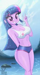 Size: 1450x2706 | Tagged: suggestive, artist:theretroart88, derpibooru import, twilight sparkle, human, equestria girls, anime style, bangs, belly button, breasts, busty twilight sparkle, cleavage, clothes, cloud, cutie mark, cutie mark on clothes, eyebrows, eyebrows visible through hair, female, g4, grin, image, looking at you, midriff, outdoors, peace sign, png, sky, smiling, smiling at you, solo, solo female, wide hips