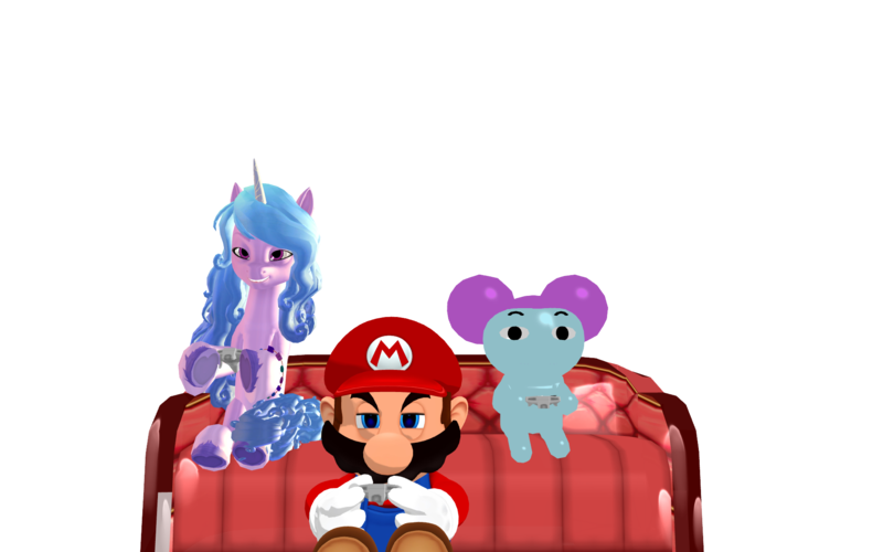 Size: 1920x1200 | Tagged: safe, artist:puzzlshield2, derpibooru import, izzy moonbow, pony, unicorn, g5, my little pony: a new generation, my little pony: make your mark, 3d, 3d render, come and learn with pibby!, controller, couch, crossover, horn, image, mario, mmd, nintendo 64, pibby, playing, png, render, simple background, sitting, smg4, super mario bros., transparent background, video game
