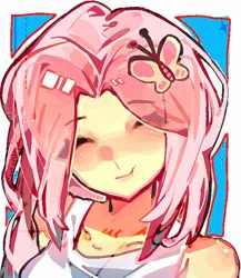 Size: 668x769 | Tagged: safe, artist:meadolly, derpibooru import, fluttershy, human, blushing, bust, eye clipping through hair, eyebrows, eyebrows visible through hair, eyes closed, humanized, image, png, portrait, smiling, solo