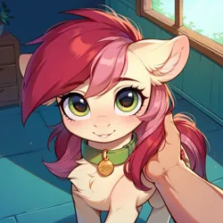 Size: 1024x1024 | Tagged: safe, ai content, derpibooru import, machine learning generated, prompter:doom9454, stable diffusion, roseluck, human, pony, behaving like a cat, collar, cute, fluffy, generator:pony diffusion v6 xl, hand, image, looking at you, pet tag, petting, png, pony pet, rosepet