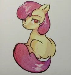 Size: 2000x2125 | Tagged: safe, artist:qiuhu17819, derpibooru import, apple bloom, earth pony, pony, dock, female, filly, foal, g4, image, jpeg, looking at you, looking back, looking back at you, missing accessory, simple background, sitting, solo, tail, traditional art, white background