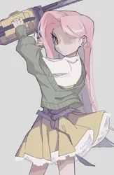 Size: 1292x1976 | Tagged: safe, artist:suiminnyaku41350, derpibooru import, fluttershy, human, chainsaw, gray background, humanized, image, jpeg, simple background, solo, stay out of my shed